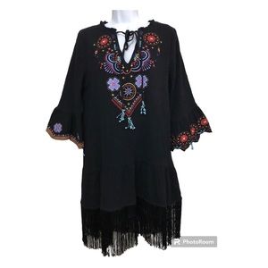 Women‎ Western Boho Tunic Dress Sz Small Black Embroidery Fringe Coastal Cowgirl